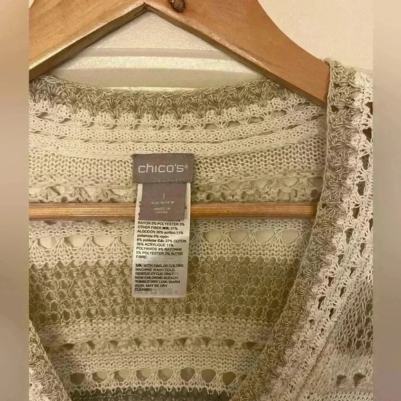 Chico’s Neutral & Gold Stripe Open-Weave V-Neck Tunic Size Small - Picture 5 of 9